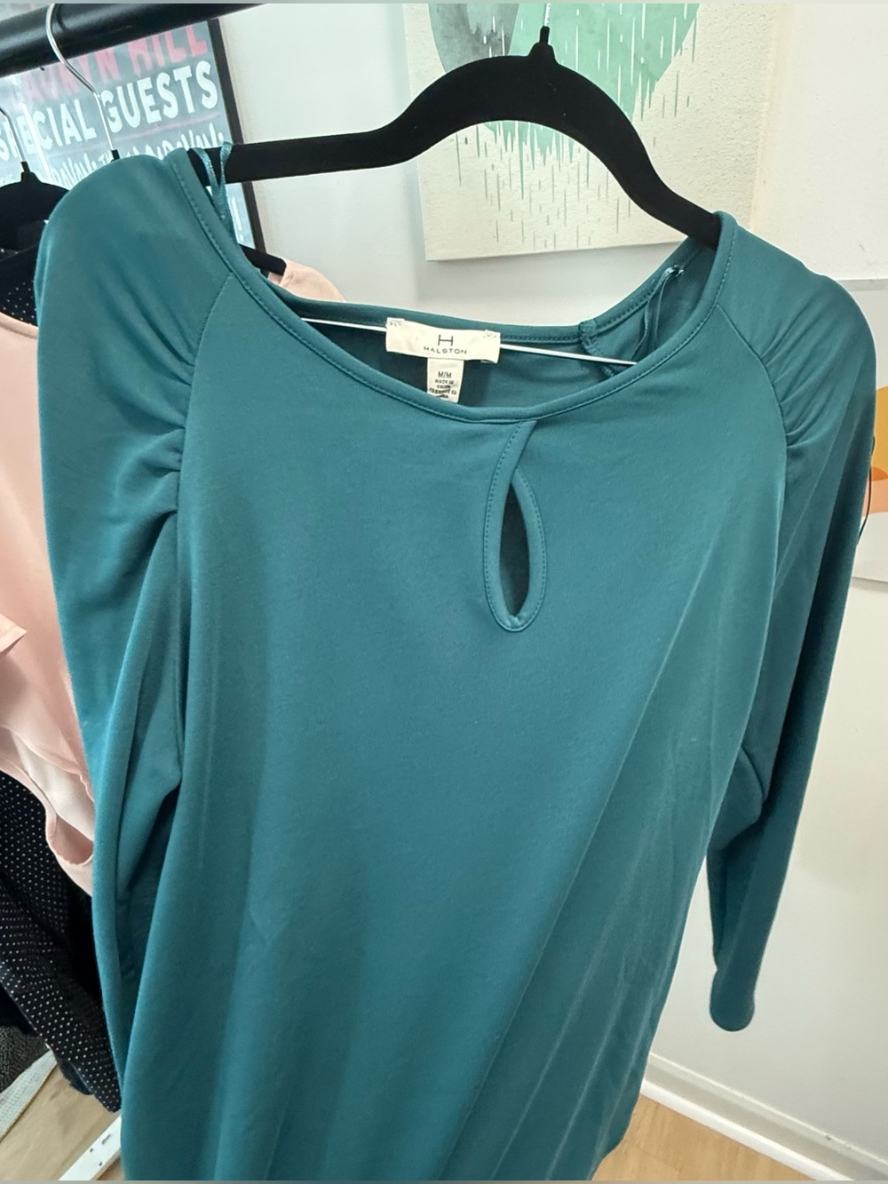 H by Halston Teal Keyhole Ruched Shoulder Long Sleeve Blouse - Size M - Picture 8 of 13